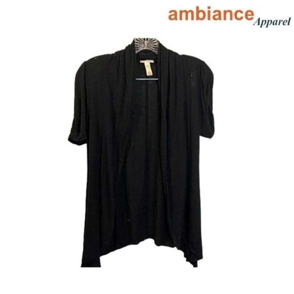 Ambiance Apparel Women's Puffed Short Sleeve Open‎ Front Asymmetrical Cardigan